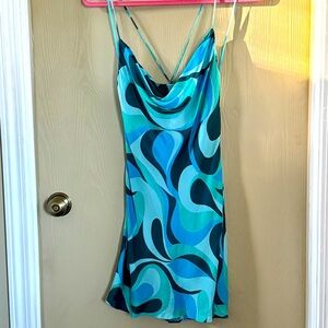 Zara multi blue swirl strappy slip mini dress cowl neck Size M retro fun flirty